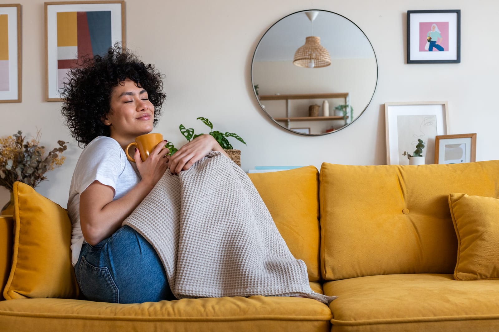 Woman relaxing comfortably at home